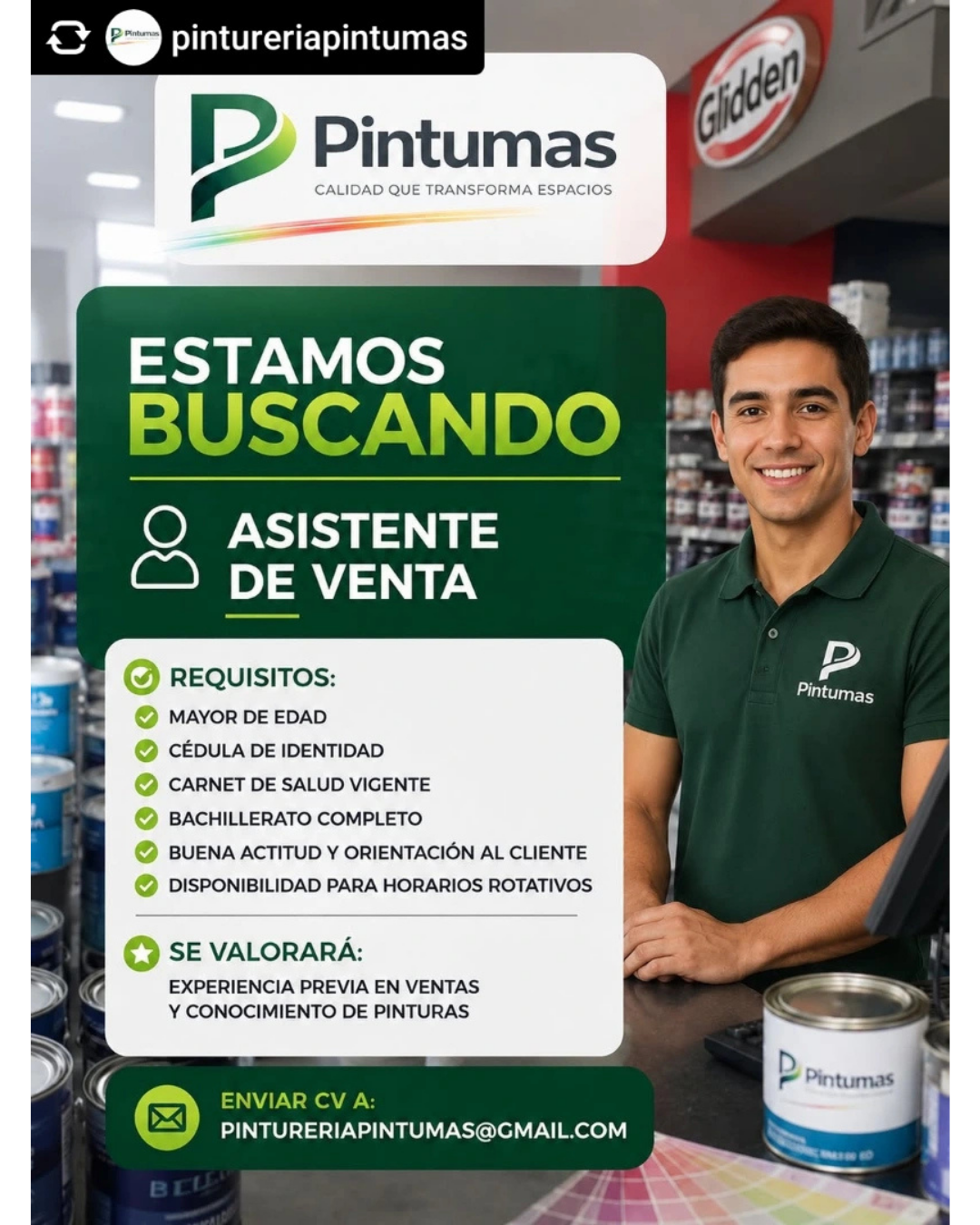 ASISTENTE DE VENTA PARA PINTURERIA